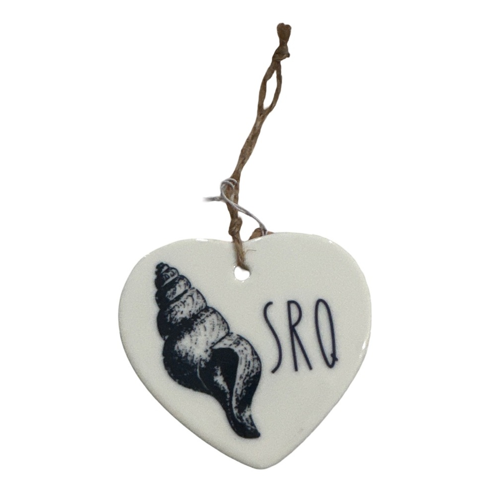 Handmade Ceramic SRQ Heart Ornament Coastal Shell Design